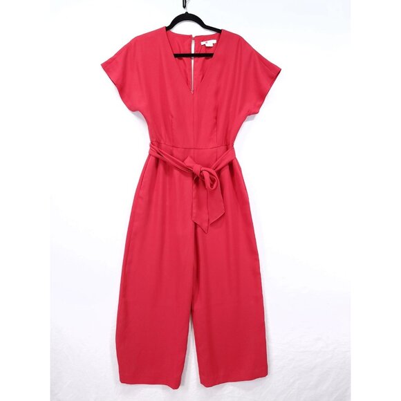 Boden Romilly Jumpsuit Size 4R Belted With Pockets Wide Cropped Leg Red V-Neck - Picture 2 of 14